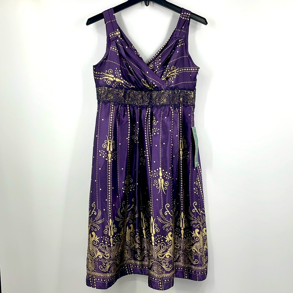 NWT Coldwater Creek purple gold baroque faux wrap lace beaded satin dress 10 P